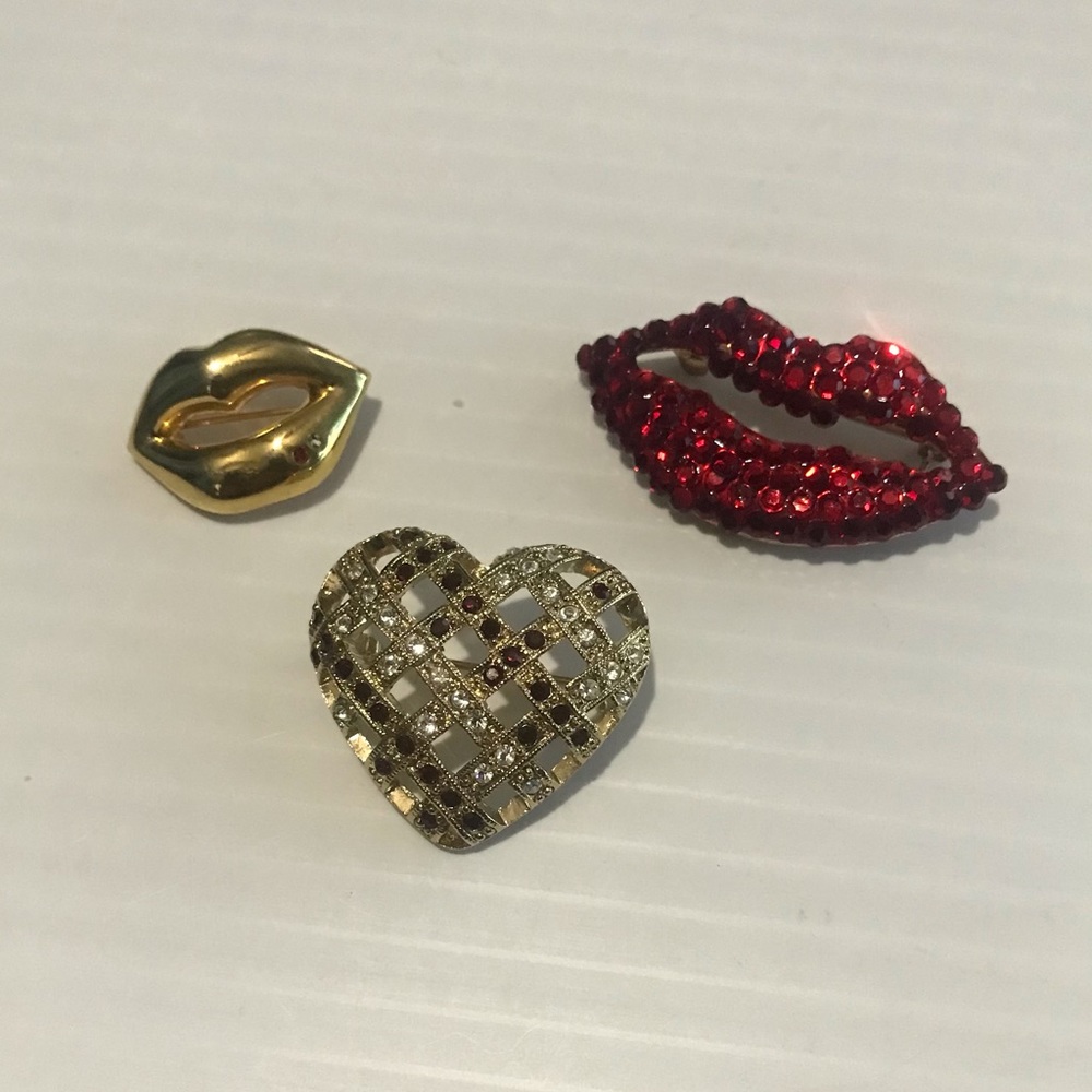Gold Tone Crystal Lip and Heart Shaped Pins